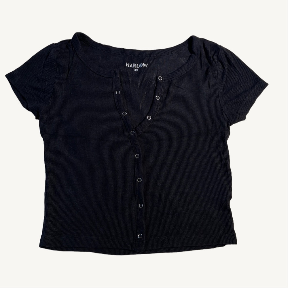 Harlow Ribbed Black Crop Button Up T-Shirt Top Size Small